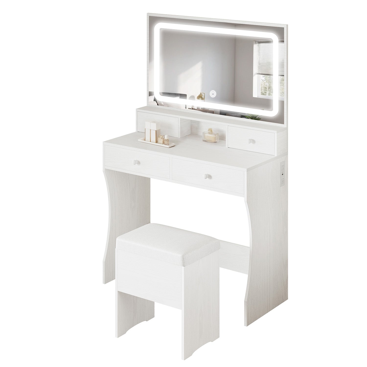 Vanity Desk Set Makeup Vanity with Power Outlet, LED Mirror, Storage Stool