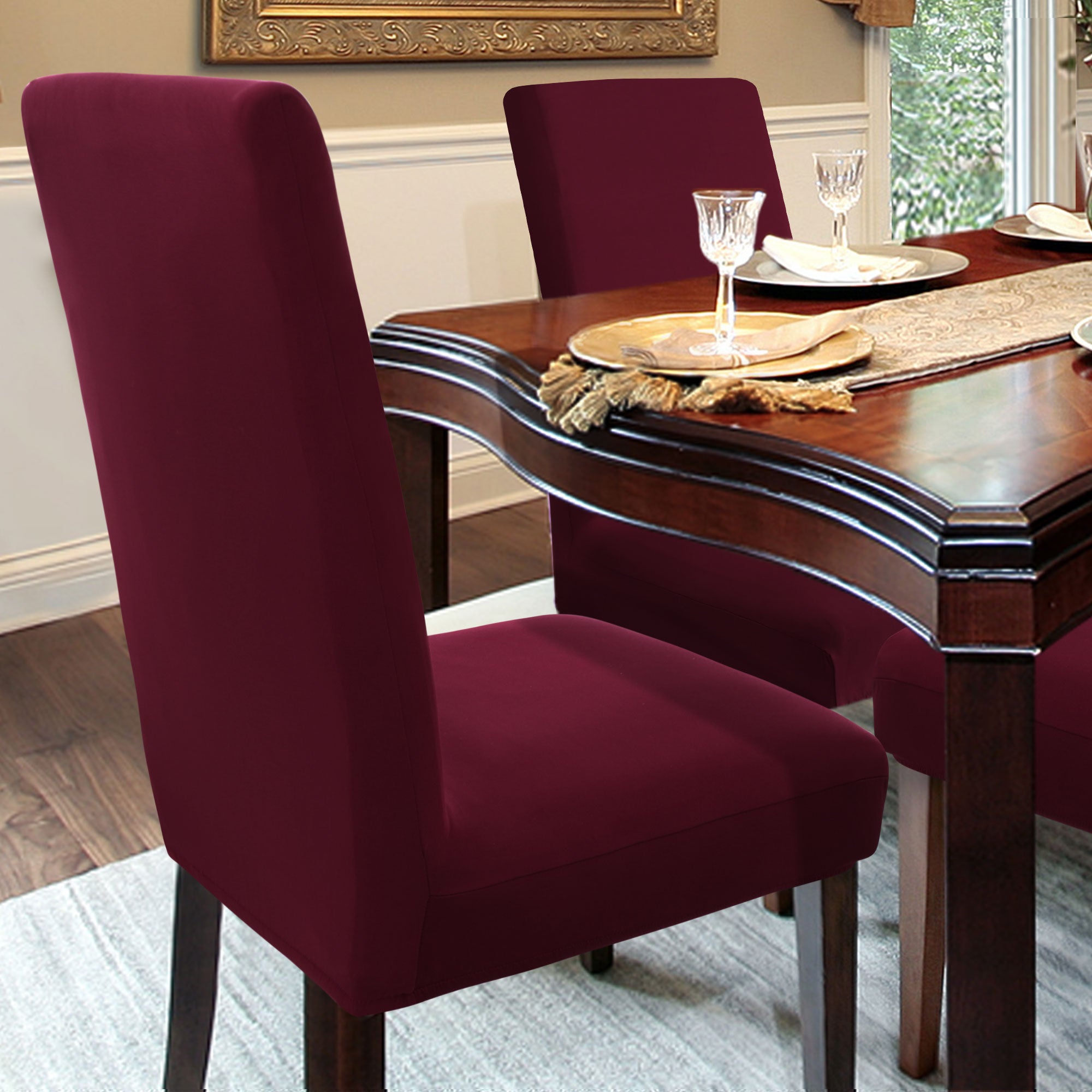 PiccoCasa 4Pcs Stretch Dining Chair Covers Removable Seat Protectors for Dining Room Burgundy