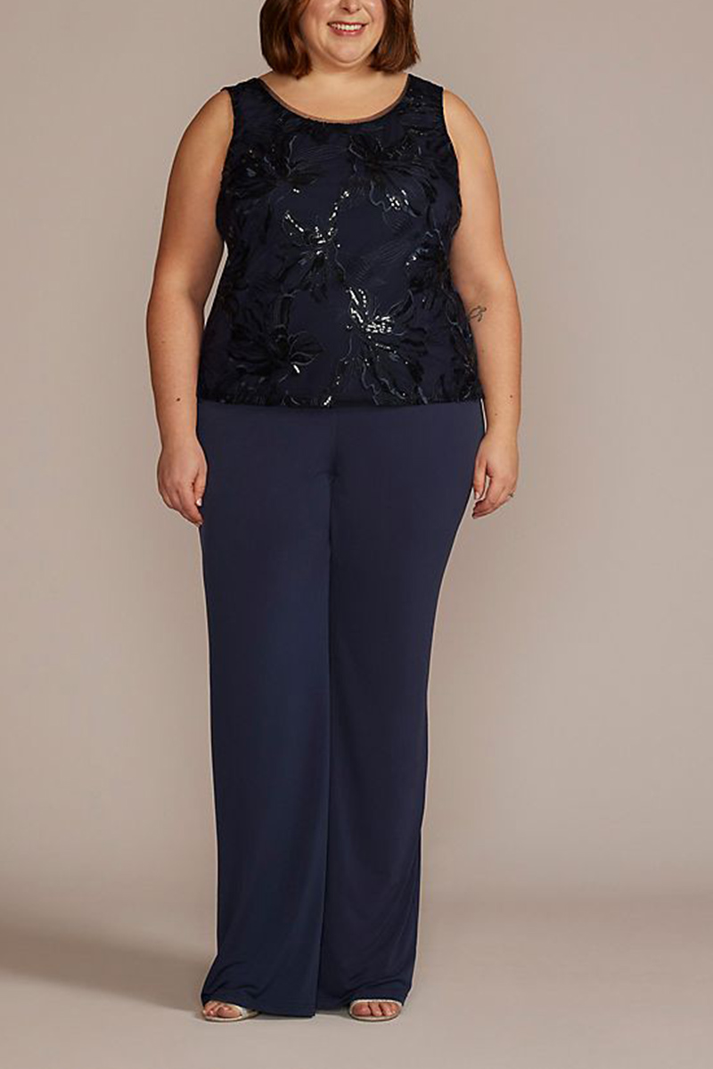 Plus Size Embroidered Floral Sequin Flare Sleeve Three Pieces Set Pant Suits