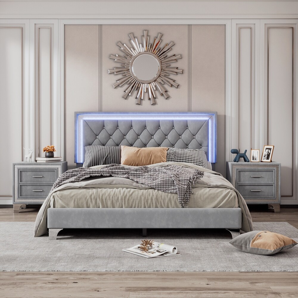 3 Pieces Queen Size Bedroom Sets with LED Lights Upholstered Platform Bed and Two Nightstands  Grey