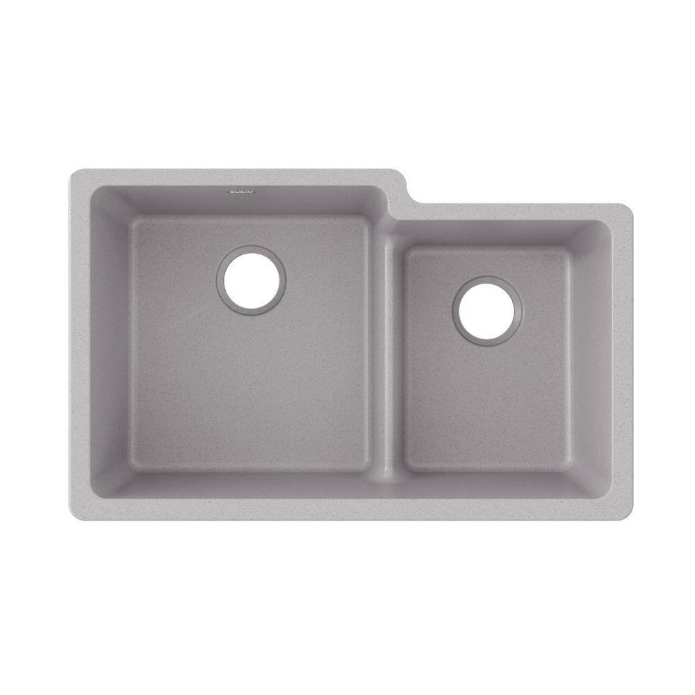 Elkay Quartz Classic Greystone Quartz 33 in. 6040 Double Bowl Undermount Kitchen Sink with Aqua Divide ELGULBO3322GS0