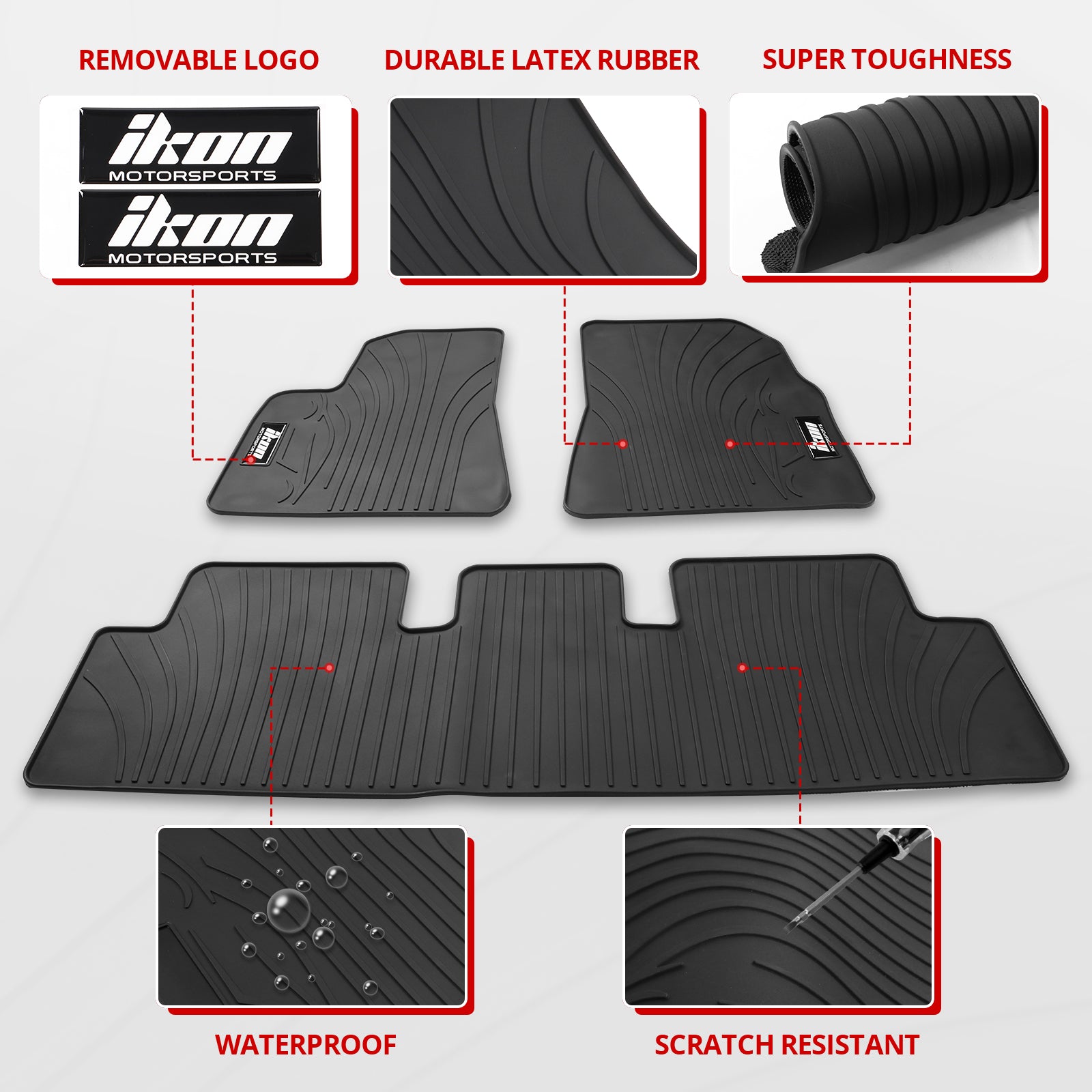 Ikon Motorsports Floor Mats Compatible With 2017-2023 Tesla Model 3， Latex Heavy Duty All Weather Car Front Rear Carpets Liner 3PC Black