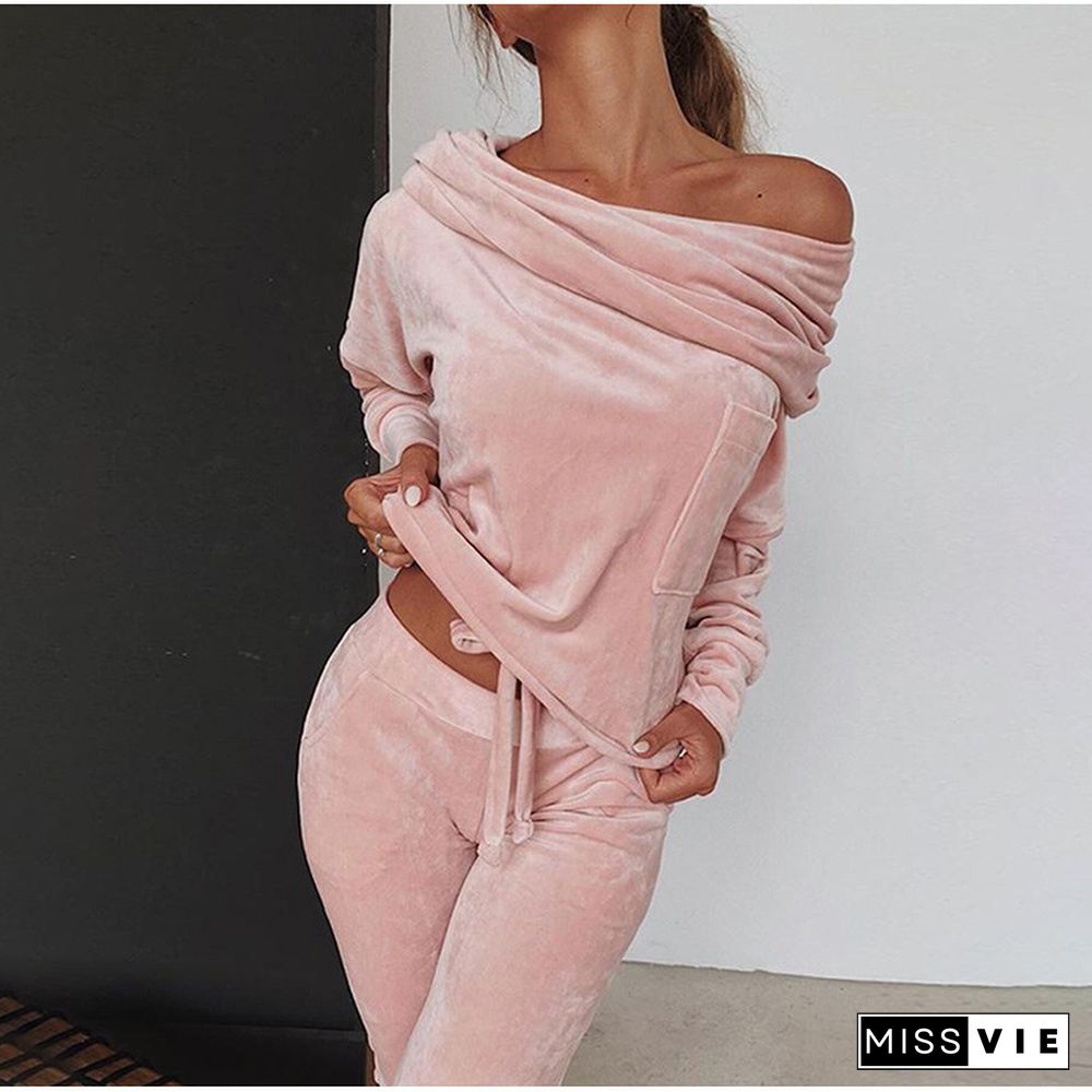 Sweatshirt Women 2 Pieces Set Tracksuit Autumn One Shoulder Sweatshirt Pants Sets Sport Wear Tracksuit Velvet Lounge Suit