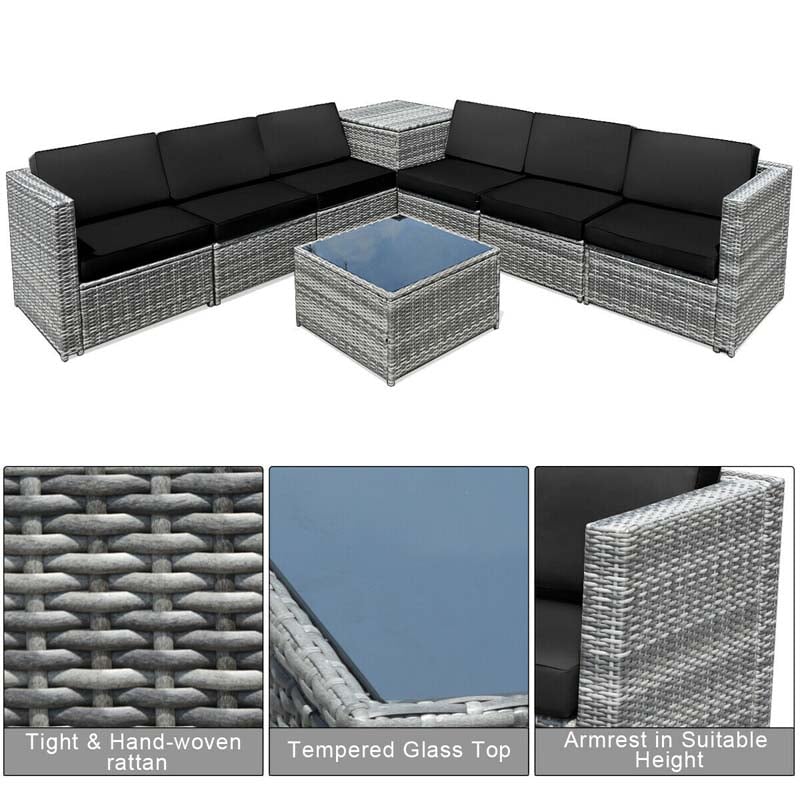 8 Pcs Rattan Patio Sectional Sofa Couch Set Outdoor Wicker Furniture Set with Storage Table & Cushions