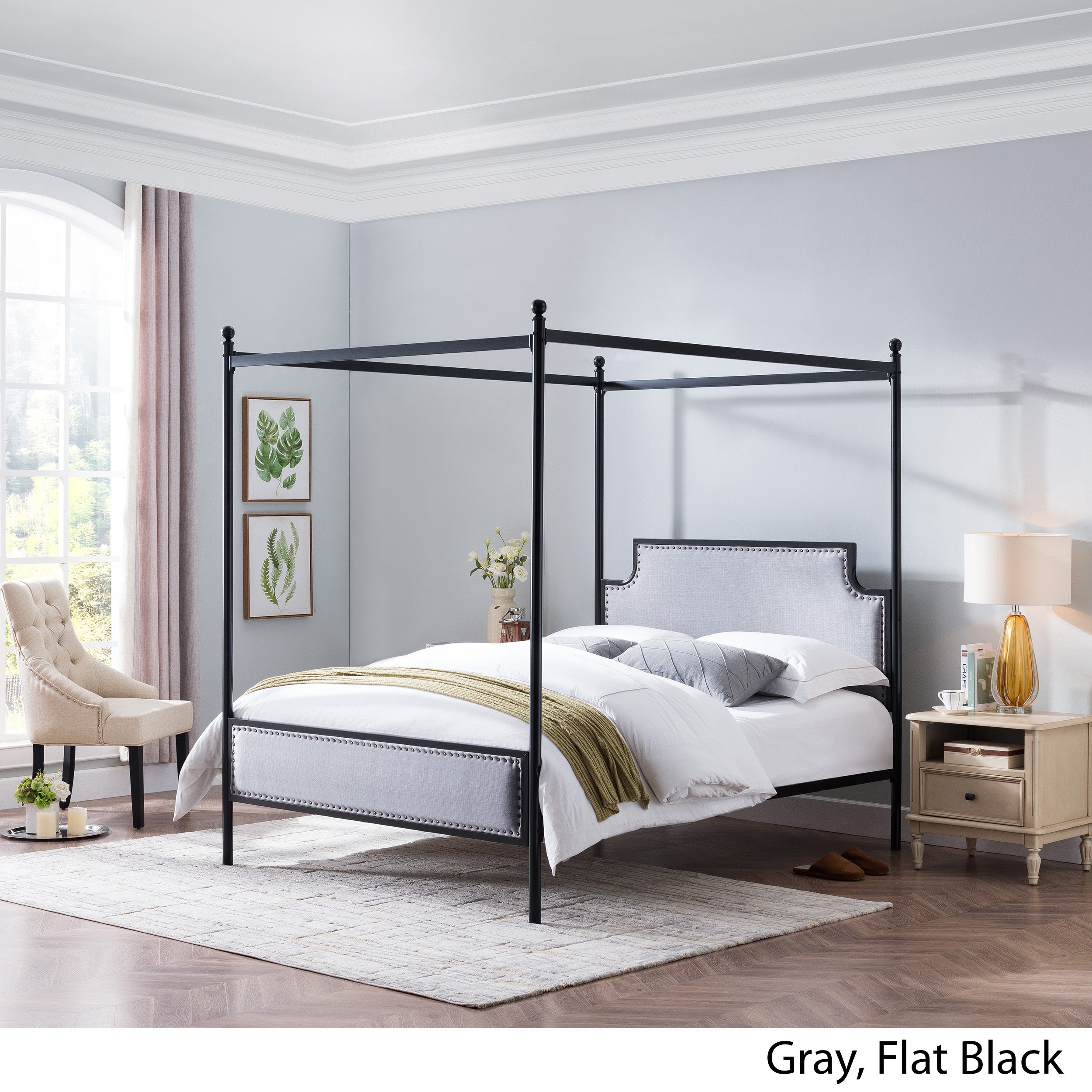 Asa Queen Size Iron Canopy Bed Frame with Upholstered Studded Headboard