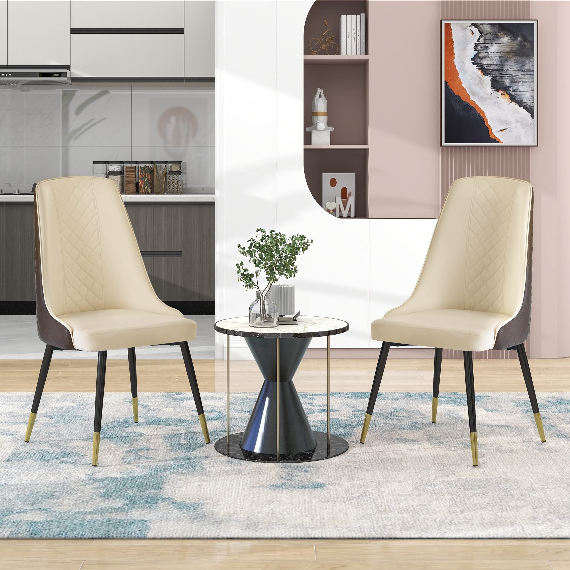 Set of 2 Kitchen Dining Chairs， upholstered Side Chairs，PU Leather Modern Style Chairs with Stable Steel Legs - as picture