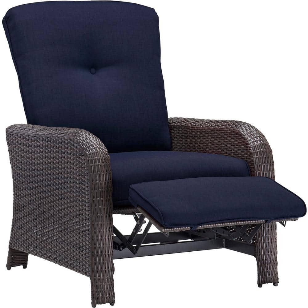 Hanover Strathmere AllWeather Wicker Reclining Patio Lounge Chair with Navy Blue Cushion