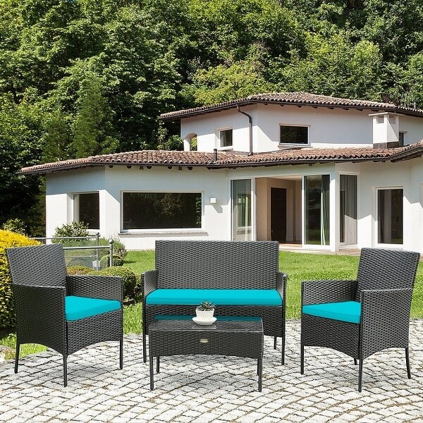 4 Pcs Patio Rattan Cushioned Sofa Furniture Set with Tempered Glass Coffee Table - 24