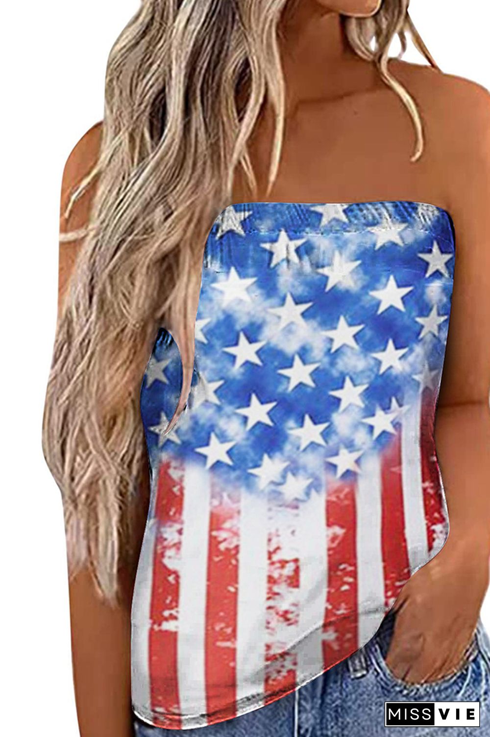 Off Shoulder Striped and Flag Print Bandeau Tank Top Wholesale