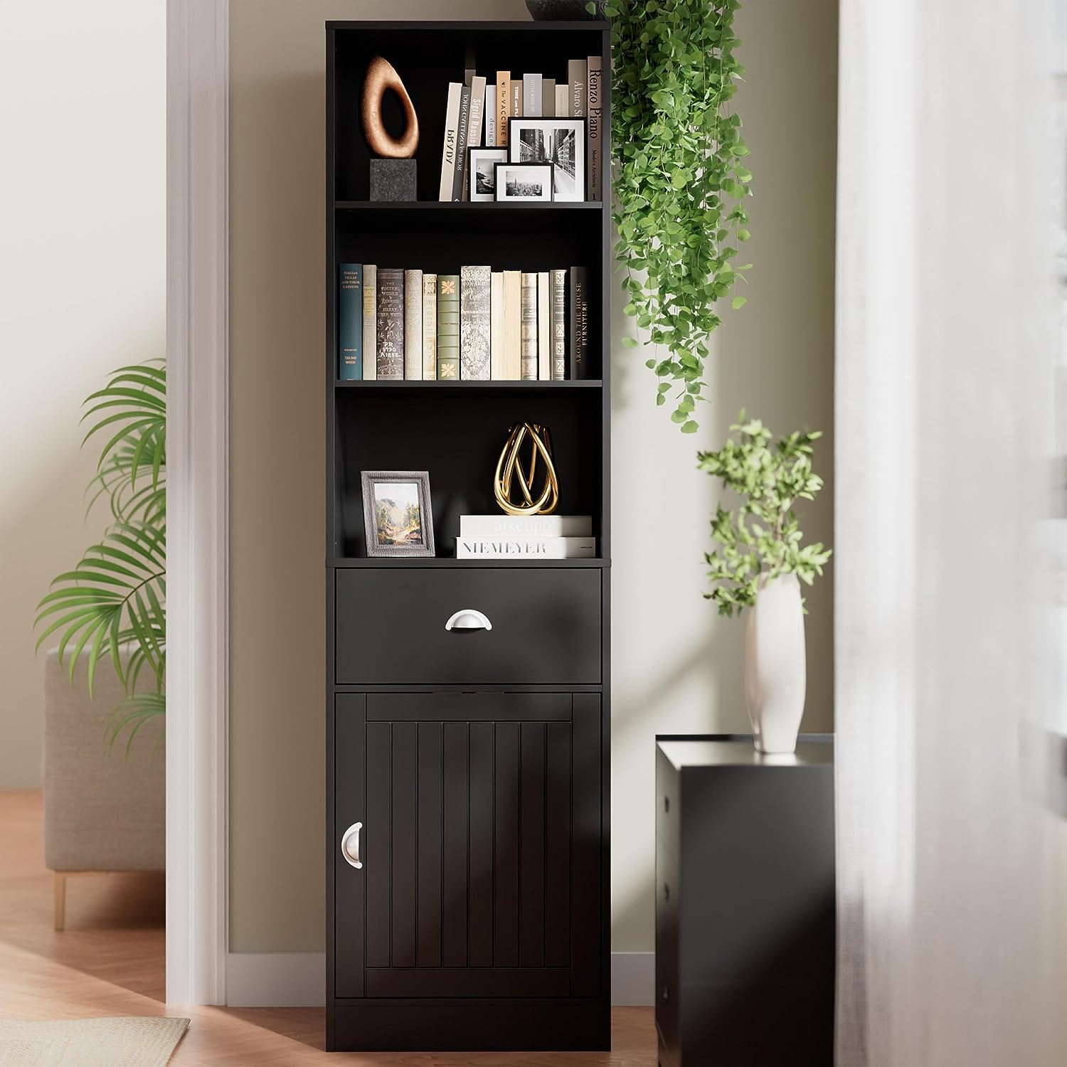 3-Tier Freestanding Tall Bookcase with Door and Drawer, Narrow Bookshelf Display Cabinet