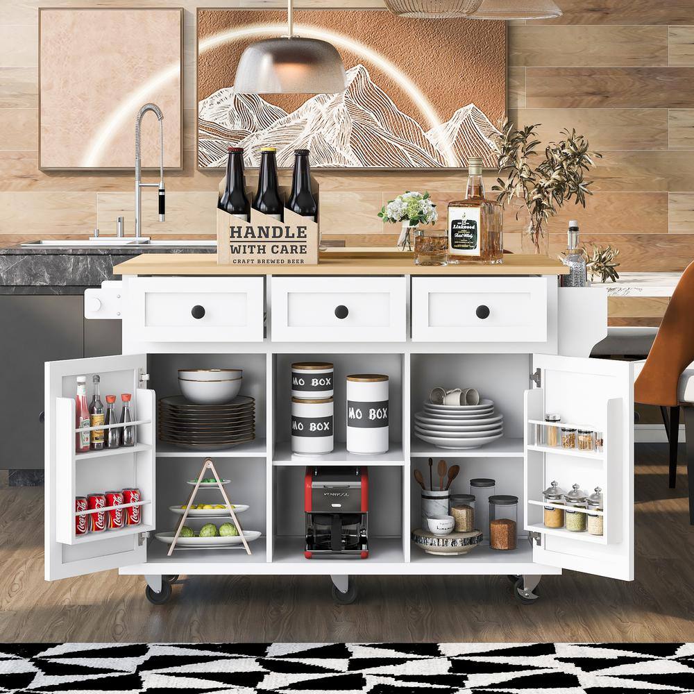 White Rubber Wood Desktop 53 in. W Kitchen Island on 5-Wheels with Storage Cabinet and 3-Drawers VJ026KIsland1