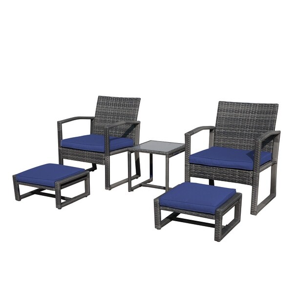 5Piece Patio Wicker Chat Set with Armchairs，Ottomans and Side Table