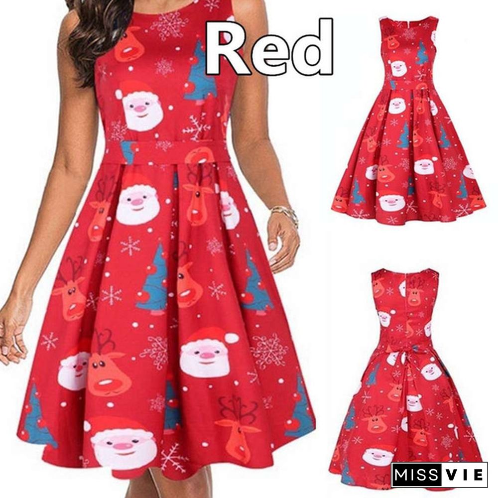 Christmas Dresses for Women Sleeveless Cocktail A-Line Xmas Santa Claus Snowflake Christmas Party Dress Retro Vintage Style Cocktail Party Swing Dresses