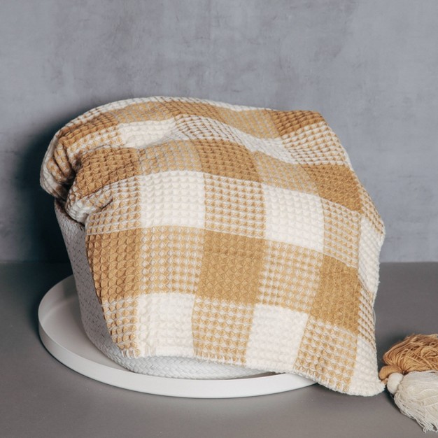 Buffalo Check Waffle Woven Faux Shearling Reversible Throw Blanket Mustard Freshmint