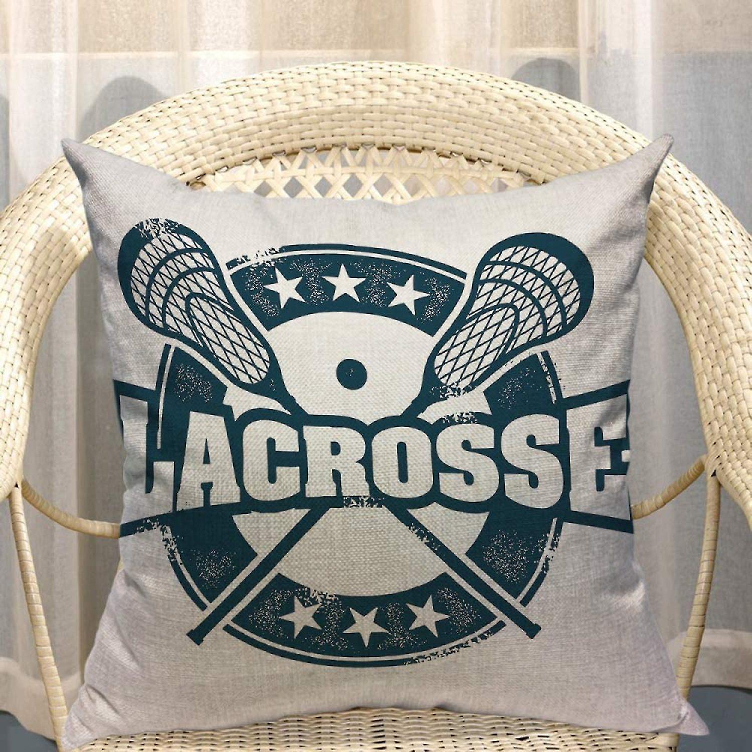 Lacrosse Throw Pillow Vintage Stamp Pattern Helmet Lacrosse Sticks Star Navy Blue Cotton Linen Square Cushion Cover Standard Pillowcase 18x18 Inch For