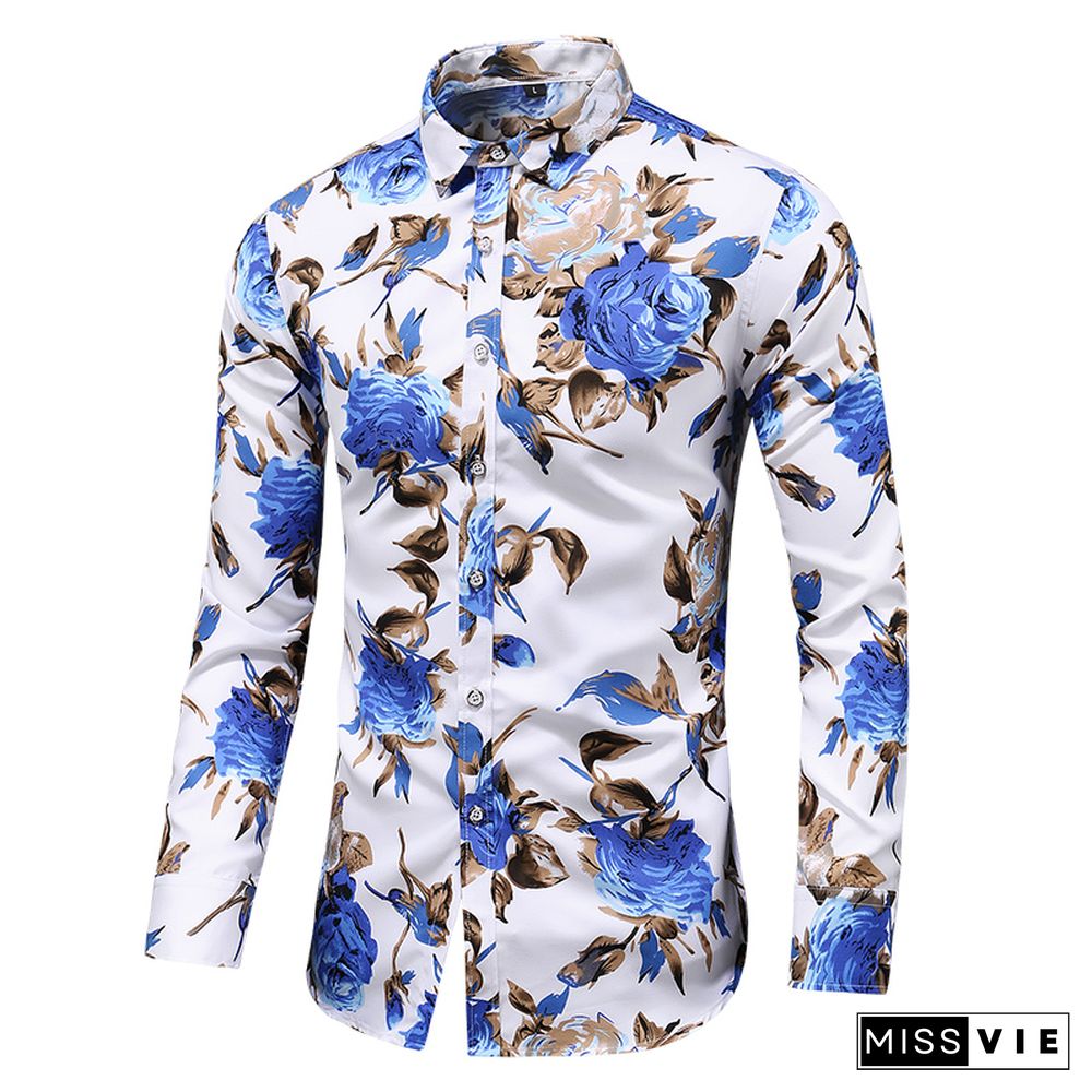 Autumn Men Slim Floral Print Long Sleeve Shirts Fashion Brand Party Holiday Casual Dress Flower Shirt Homme Plus Size 7XL