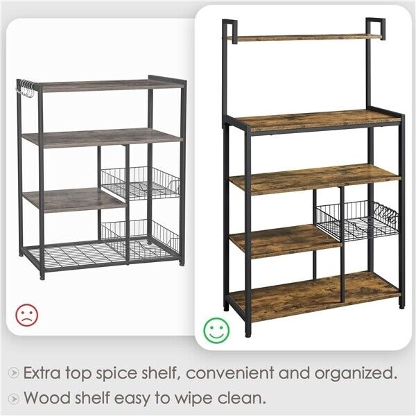 Kitchen Baker's Rack Microwave Stand with Storage Shelves and Metal Basket Hooks