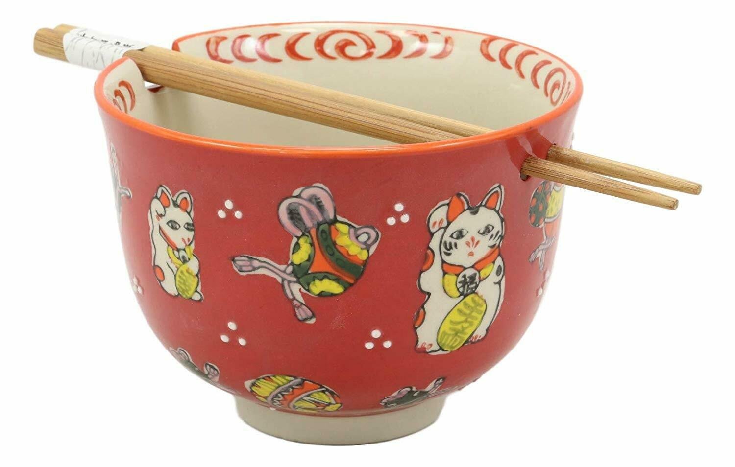 1 Lucky Cat Japanese Maneki Neko Red Porcelain Ramen Soup Bowl With Chopsticks Set EBR02