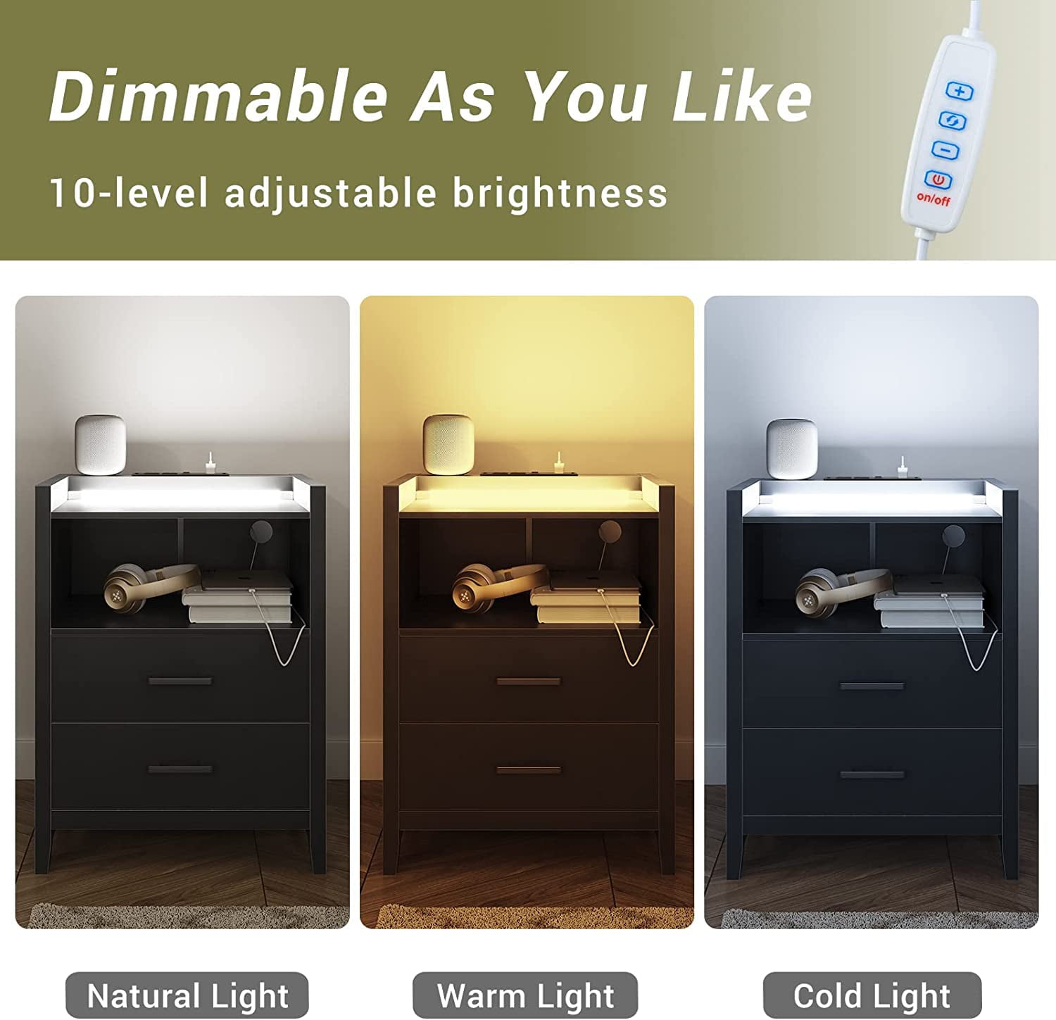 Black Nightstands for Bedroom with LED Light and Charging Station, 2 Drawers Bedside Table