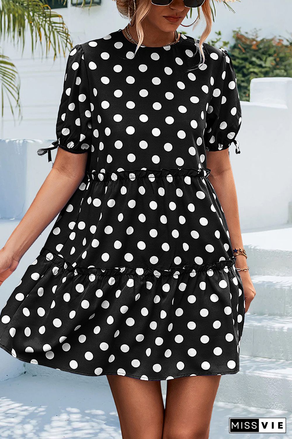 Polkadot Short Sleeves Splicing Ruffle Dress