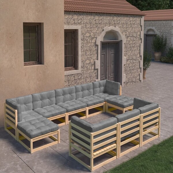 10 Piece Patio Lounge Set with Cushions Solid Pinewood - Overstock - 36363584