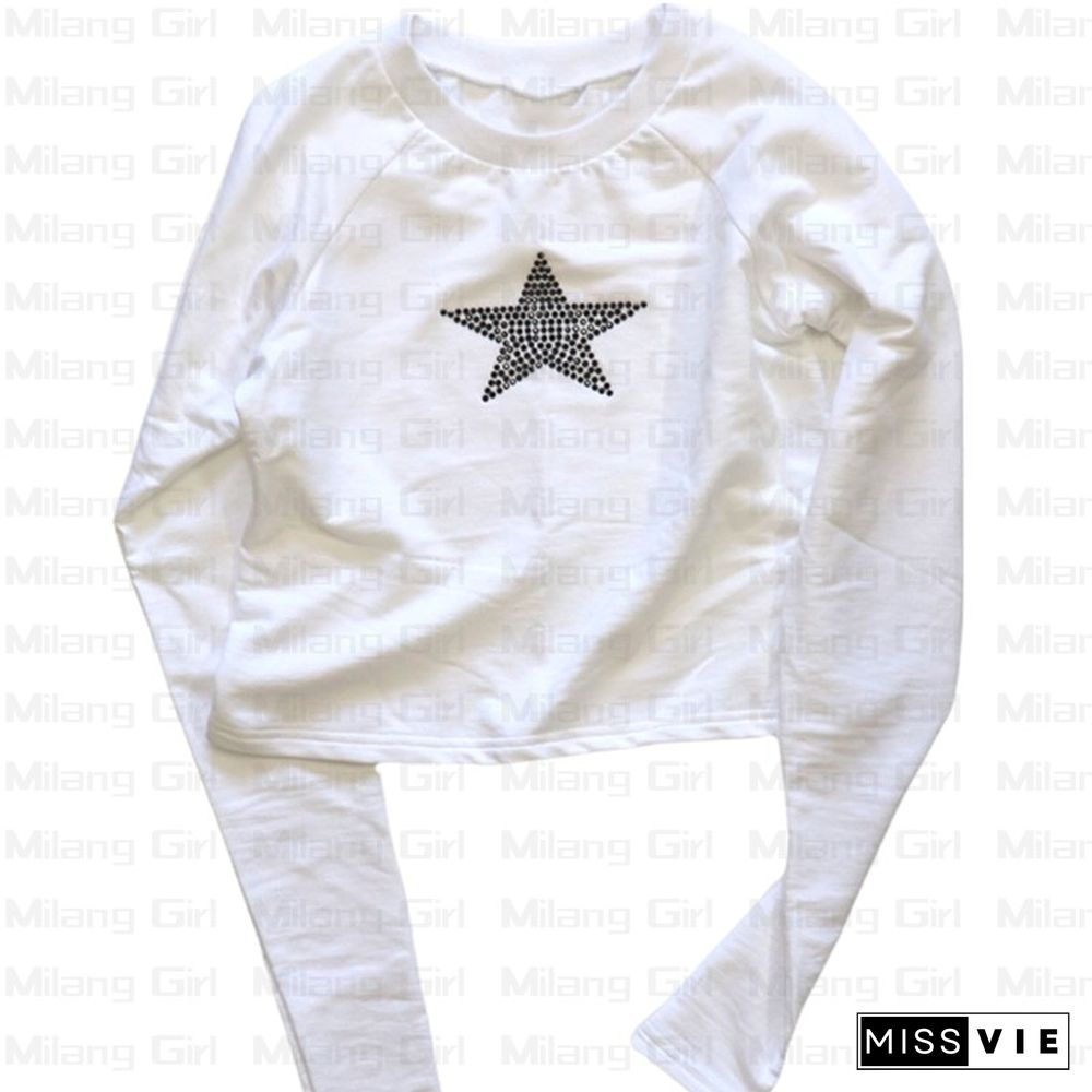 Rhinestones Stars Print Women Vintage Tops Fairy Grunge Graphic Spring T Shirts Aesthetic Clothes Cyber Y2K Slim Long Sleeve Top