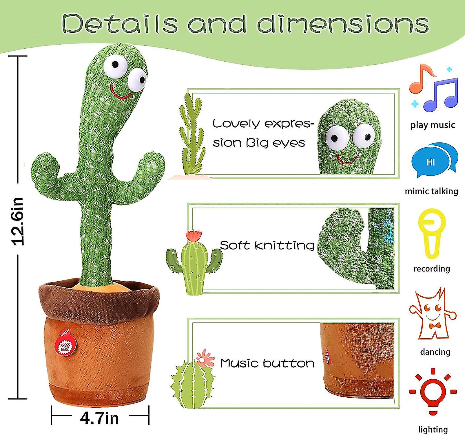 Dancing Cactus Toy That Repeats What You Say， Usb Rechargeable， English Version