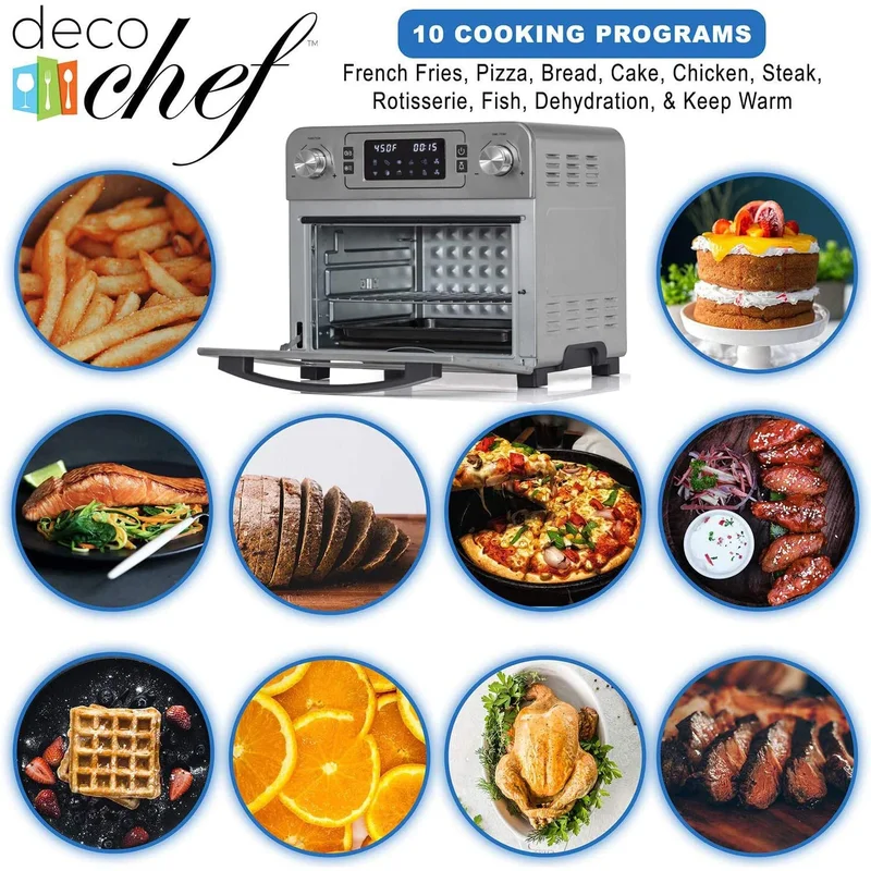 Deco Chef DGTQAIRSTS 24 QT Stainless Steel Countertop 1700 Watt Toaster Oven with Built-in Air Fryer and Included Rotisserie Assembly， Grill Rack， Frying Basket， and Baking Pan