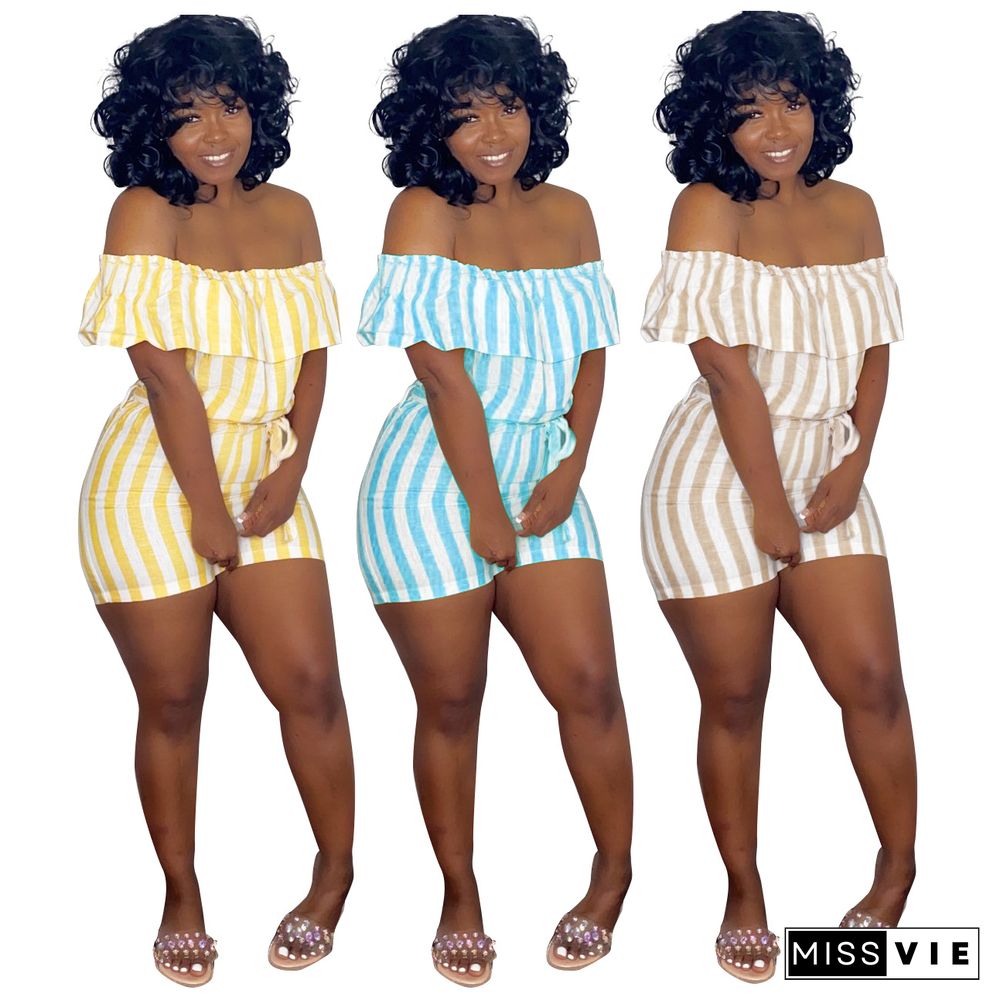 Summer Elegant Women Striped Short Sleeve Ruffles Off Shoulder Mid Waist Bandage Bodycon Romper