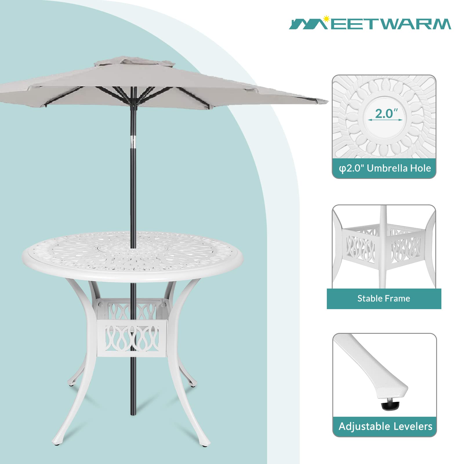 MEETWARM 35.4" Round Patio Dinning Table, Outdoor Cast Aluminum Dinning Table with 2" Umbrella Hole, White