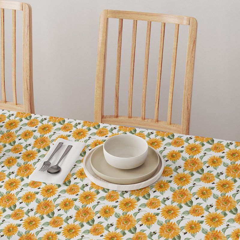 Square Tablecloth， 100% Cotton， 60x60， Buzzing Bees and Sunflowers