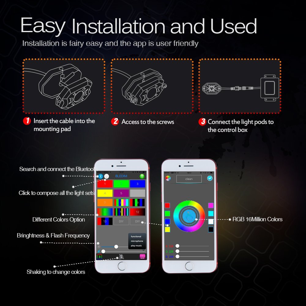 MICTUNING 4 Pods 2nd-Gen RGB LED Rock Light Neon Light with Bluetooth Controller Music Mode  Timing Function