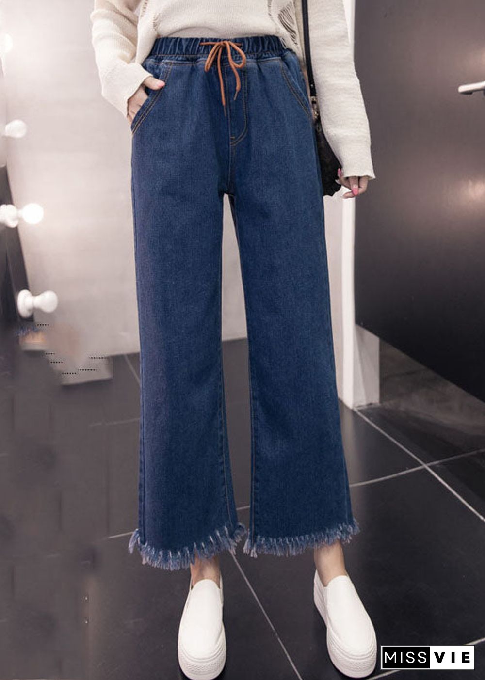 Loose Denim Blue Elastic Waist Drawstring Tassel Pockets Cotton Wide Leg Pants Summer