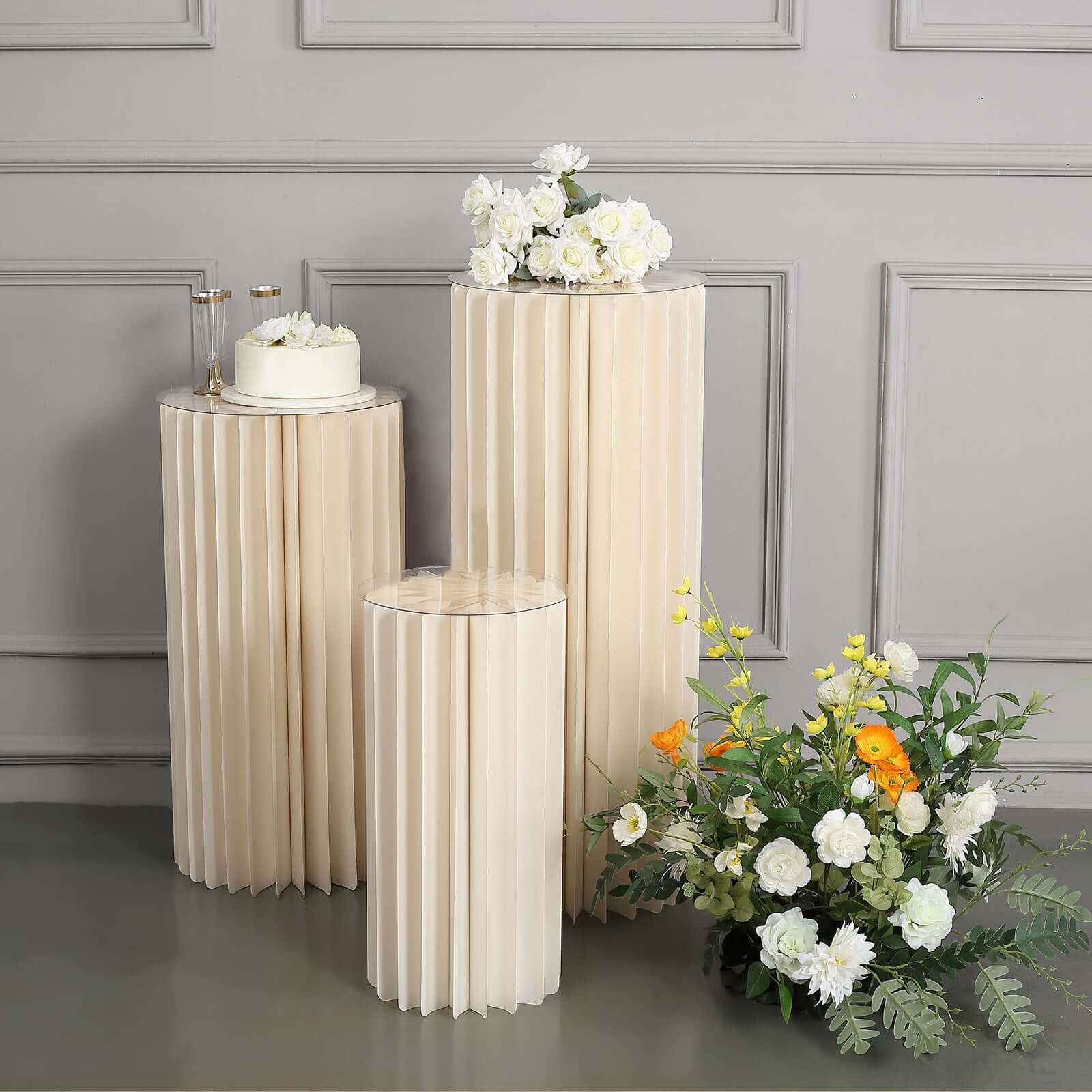 Ivory Cylinder Pillar Pedestal Stand, Display Column Stand With Top Plate 24