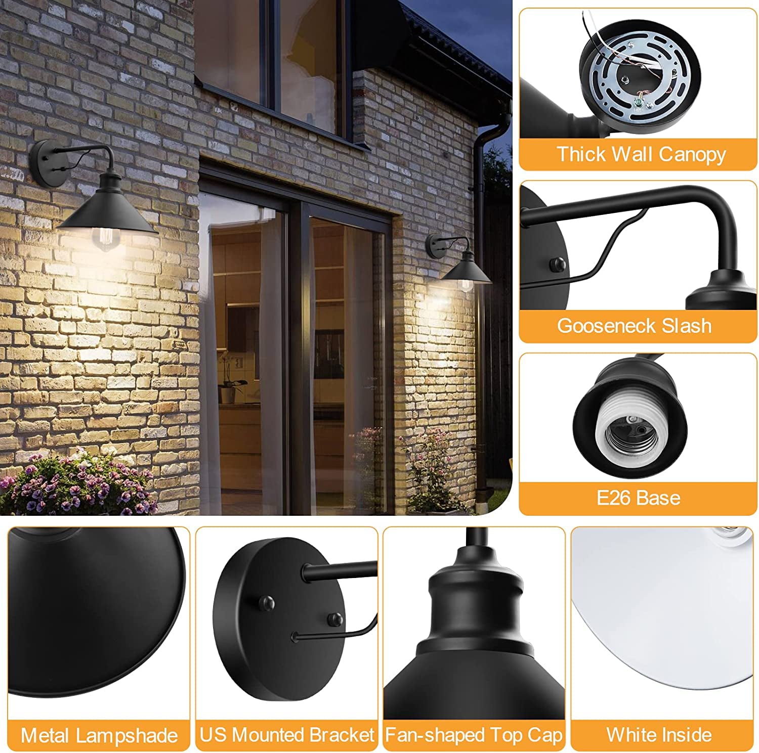 Outdoor Wall Sconce Lighting Fixture Set of Two, Farmhouse Wall Lamp Wall Mount Security Light, Matte Black Anti-Rust Exterior Porch Lights, for House Garden Patio Garage Yard Entryways