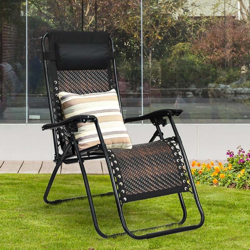 Rattan Folding Zero Gravity Lounge Chair Outdoor with Removable Pillow, Locking System, Adjustable Portable Patio Armchair