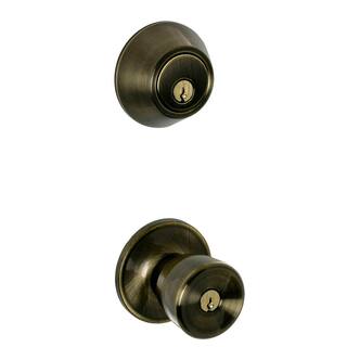 ESSENTIALS by Schlage Brill Antique Brass Single Cylinder Deadbolt and Keyed Entry Door Knob Combo Pack VC60 V BRL 609