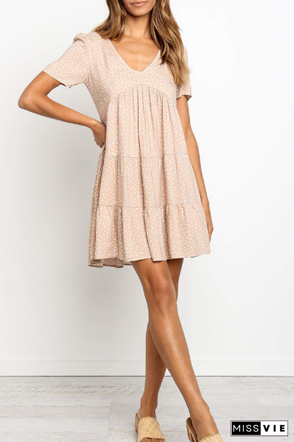 V-Neck Dot Print Short Sleeve Dress