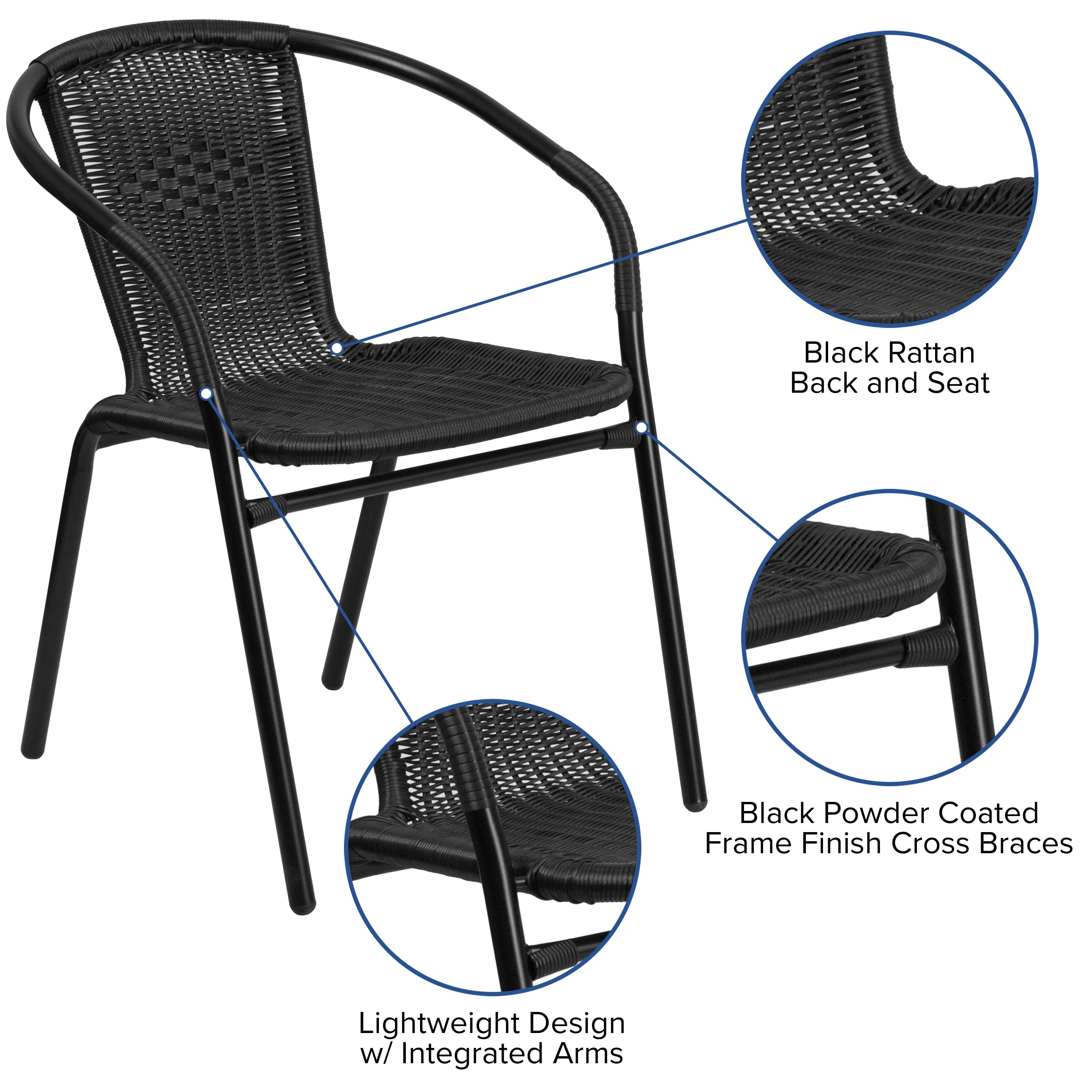 BizChair 2 Pack Black Rattan Indoor-Outdoor Restaurant Stack Chair