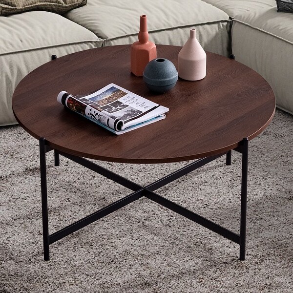 EPOWP Modern Round coffee table，Black color frame with walnut top-36