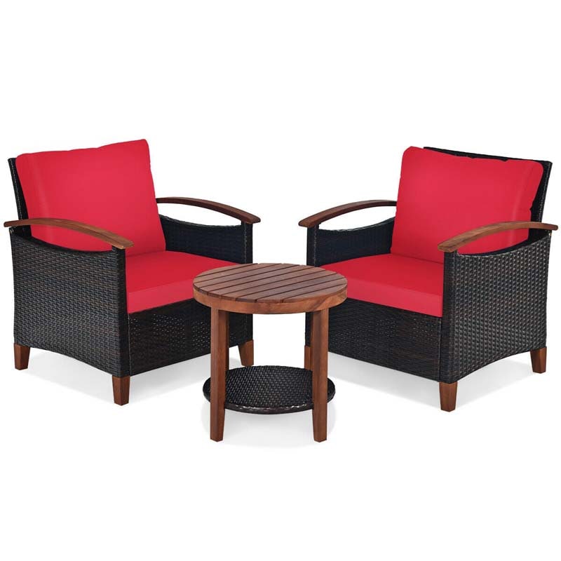 3 Pcs Patio Furniture Set Outdoor Rattan Sofa & Side Table Conversation Bistro Set with Acacia Wood Frame