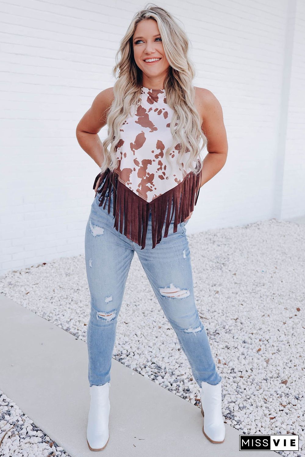 White Cow Printed Fringe Hem Tank Top