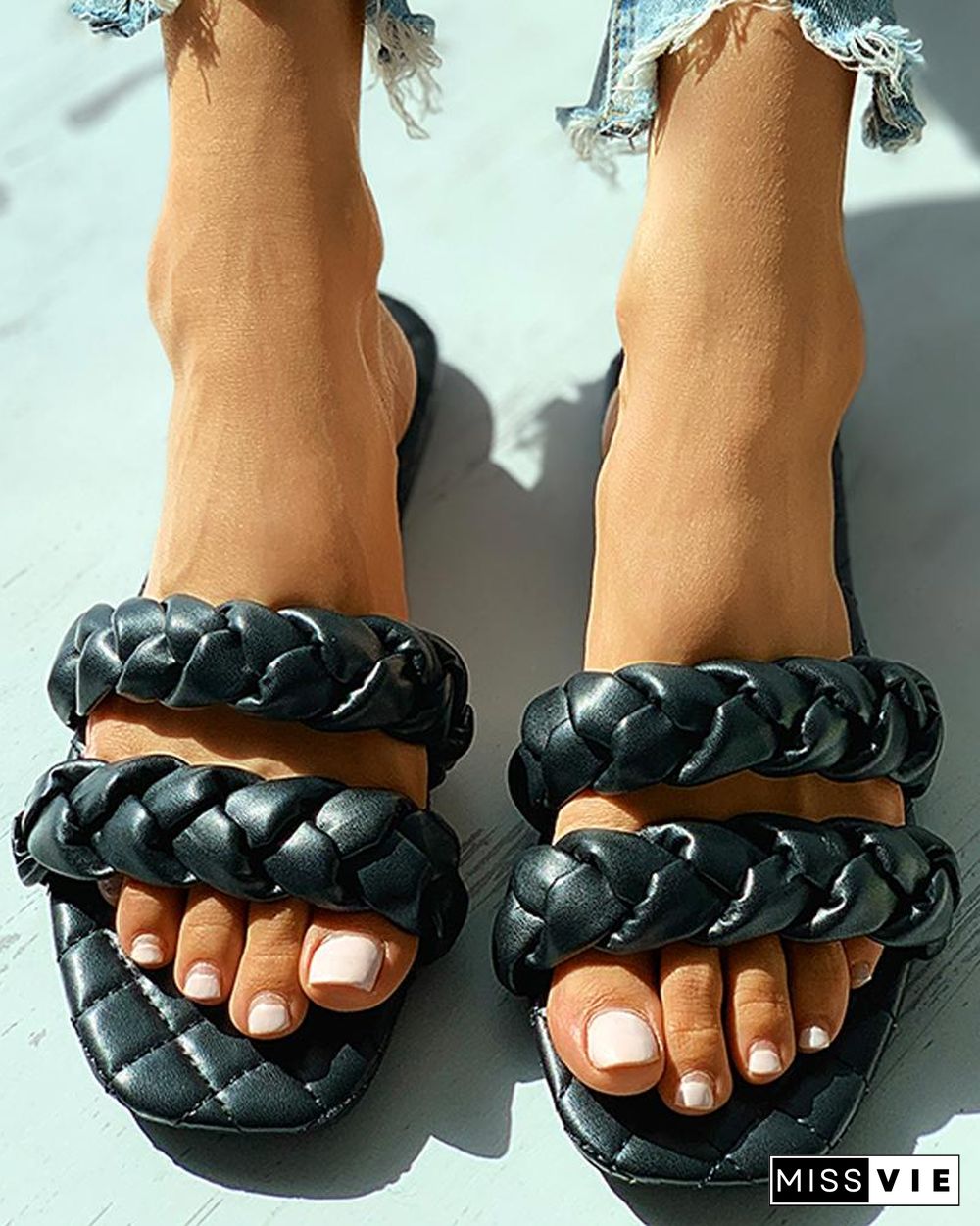 Quilted Square Toe Braided Flat Sandals