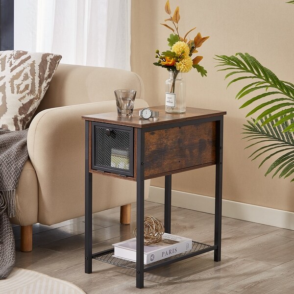 Flip Top Side Table with 1-Drawer and Steel Mesh Shelf ，Slim Sofa Table， Rustic Brown