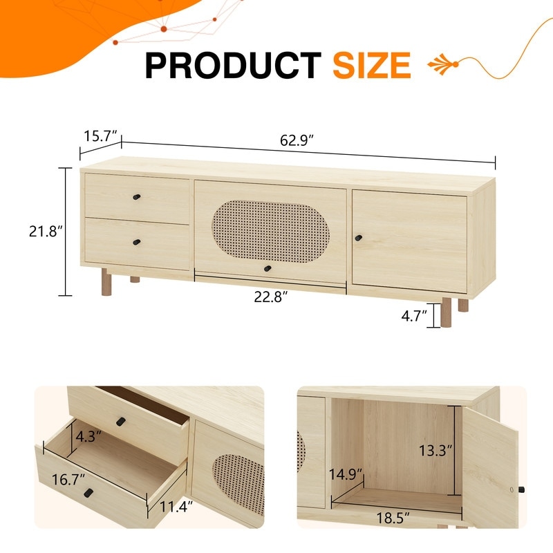 Grondin Mid Century Modern Boho Style PE Rattan TV Stand with 2 Drawers and 2 Cabinets Media Console for Living Room