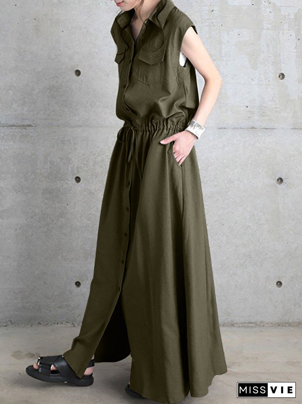 Solid Drawstring Waist Pocket Button Front Maxi Cargo Dress