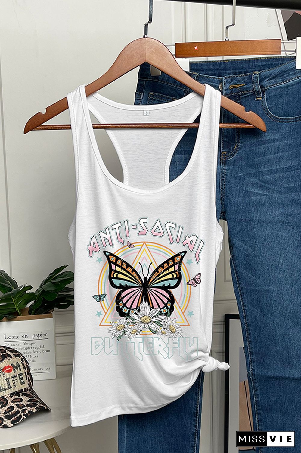 Retro Anti Social Butterfly Printed Sleeveless Tank Top Wholesale