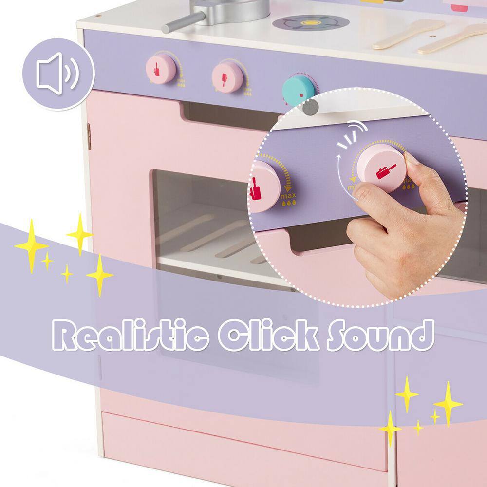 Costway 2-in-1 Kids Play Kitchen and Cafe Restaurant Wooden Pretend Cooking Playset Toy Pink HW64637