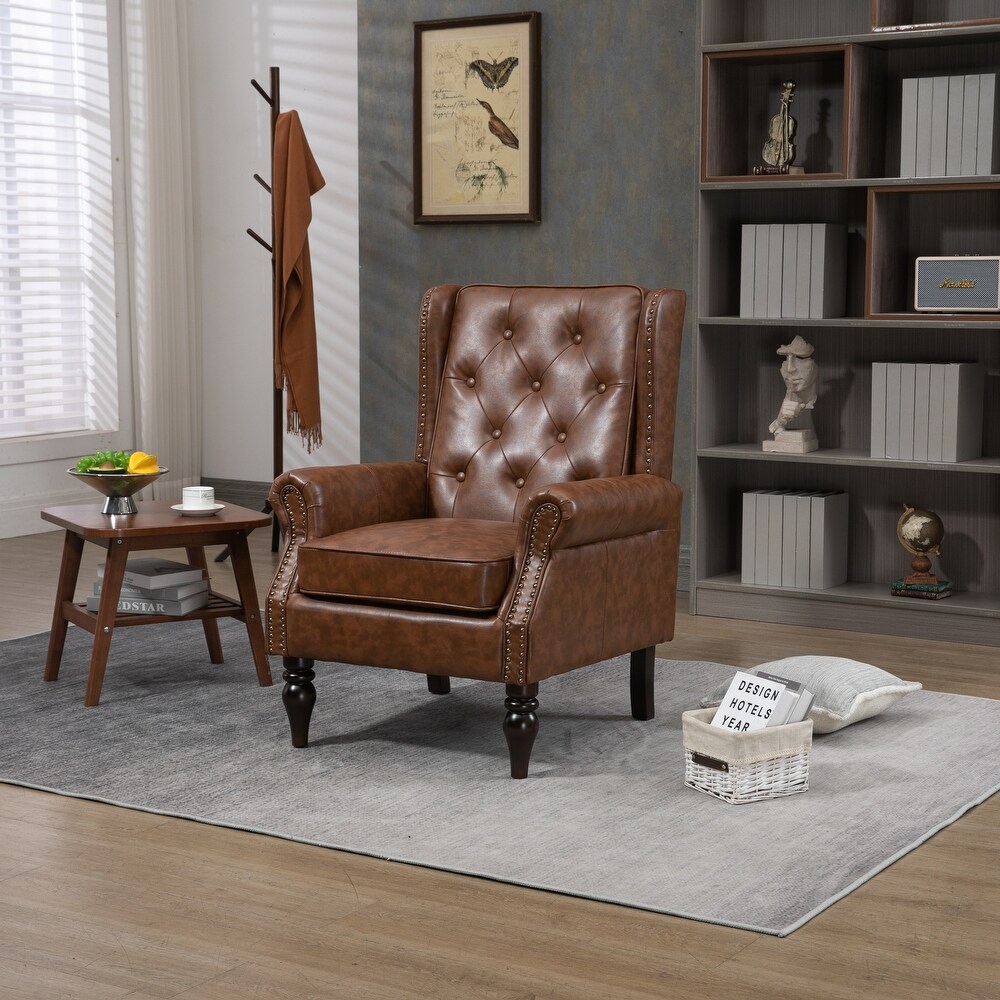 Brown PU Leather Accent Chair Nailheads Wingback Chair Lounge Armchair