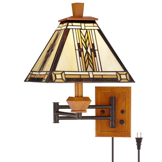 Robert Louis  Rustic Swing Arm Wall Lamp Walnut Wood Bronze Plug in Light Fixture Adjustable Stained Glass Shade For Bedroom Bedside Reading